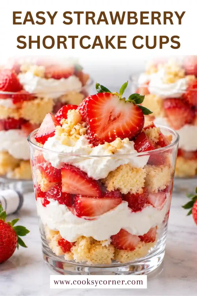 Strawberry Shortcake Cups layered with fluffy angel food cake, juicy fresh strawberries, and creamy whipped cream cheese filling. Each individual dessert is topped with a whole fresh strawberry.