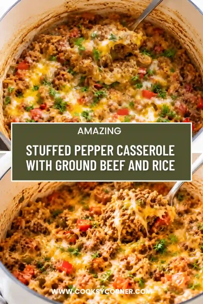 Ground beef and rice casserole with tender bell peppers, rich tomato sauce, and gooey melted cheese. The one-pan dinner is filled with savory stuffed pepper flavor