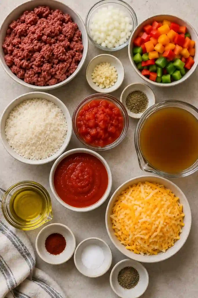 Easy Stuffed Pepper Casserole served warm with seasoned ground beef, fluffy tomato rice, chopped bell peppers, and melted cheese. Fresh parsley is scattered over the top for a colorful finish.