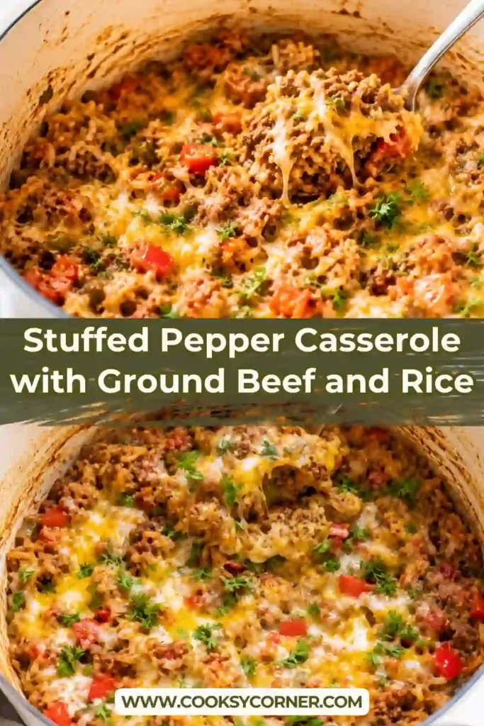 Cheesy stuffed pepper casserole made with browned ground beef, red and green bell peppers, rice, tomatoes, and melted cheddar. Fresh parsley adds a bright finish to the hearty skillet meal.