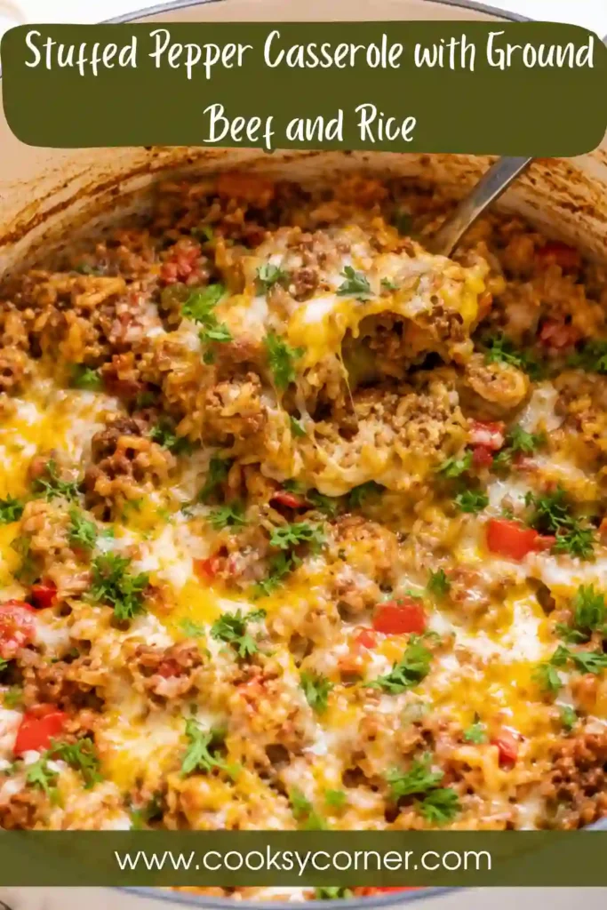 Stuffed Pepper Casserole with ground beef, colorful bell peppers, tomato rice, and melted cheese. This hearty one-pan casserole recreates classic stuffed pepper flavors in an easy family dinner.