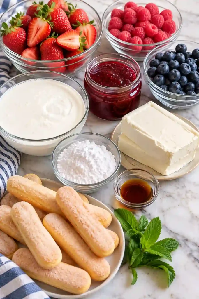 Mixed berry trifle made with strawberries, raspberries, blueberries, raspberry jam, ladyfingers, and fluffy cream cheese filling. Fresh berries and mint create a colorful summer dessert presentation.