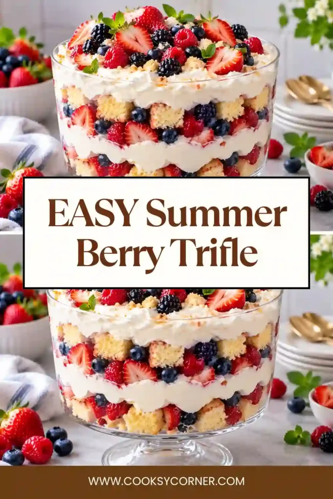 Fresh berry trifle in a clear glass bowl with visible layers of strawberries, blueberries, raspberries, cream, and ladyfingers. A colorful assortment of berries decorates the creamy top.