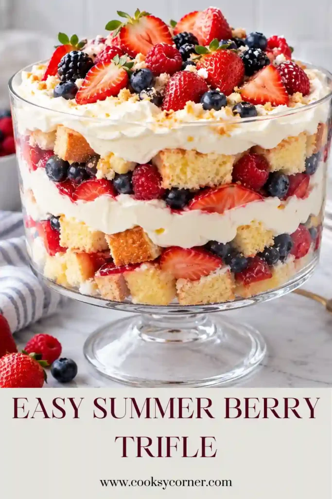Summer Berry Trifle layered with fresh strawberries, raspberries, blueberries, ladyfingers, and fluffy cream cheese filling. The colorful no-bake dessert is topped with fresh berries and mint.