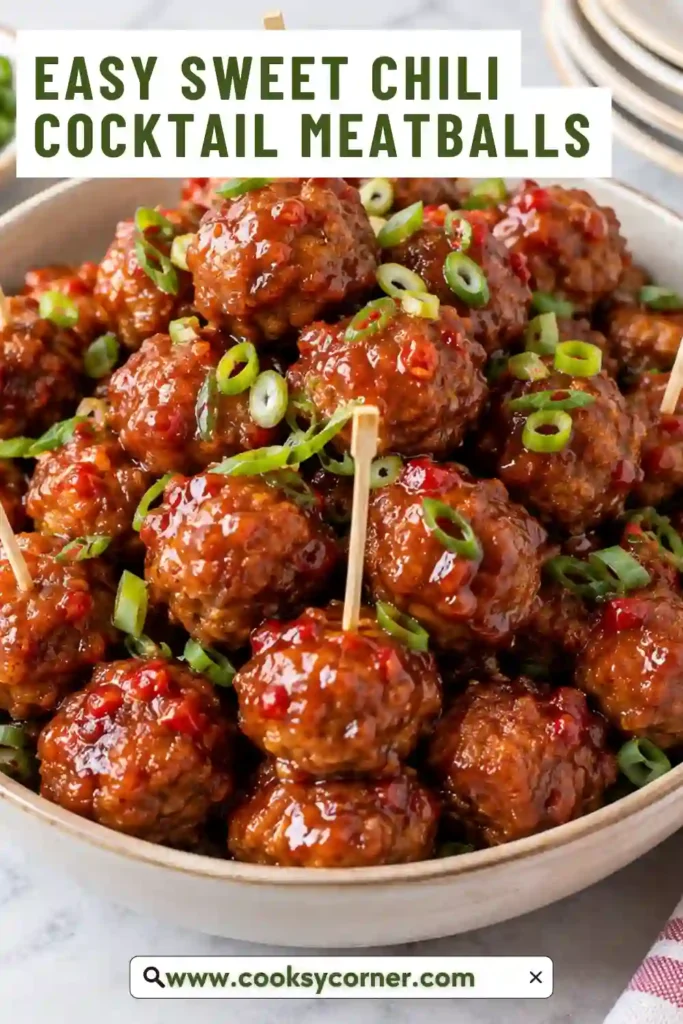Baked cocktail meatballs coated in a thick sweet chili glaze and finished with toasted white sesame seeds. The bite-sized beef meatballs have a glossy caramelized surface.