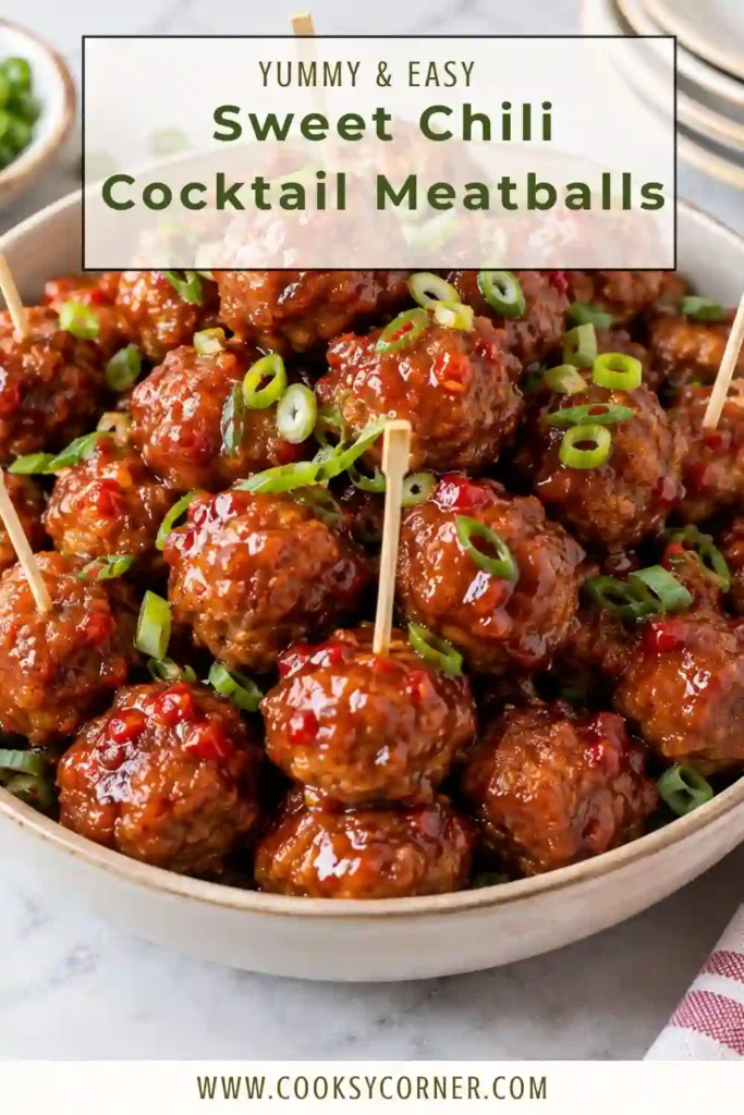Sticky sweet chili meatballs served on a platter with sesame seeds and sliced green onions. The tender beef meatballs are covered in a shiny honey, soy, and chili glaze.