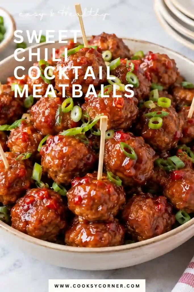 Sweet Chili Cocktail Meatballs coated in a glossy sweet chili and honey glaze with toasted sesame seeds. The baked beef meatballs have caramelized edges and a rich sweet-savory finish.