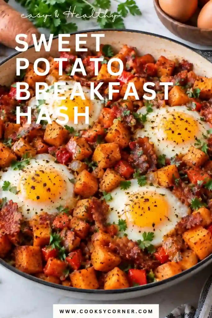 Healthy breakfast hash made with golden sweet potatoes, cooked eggs, leafy kale, red peppers, and turkey ham. The colorful sweet potato egg skillet is served warm for breakfast or brunch.