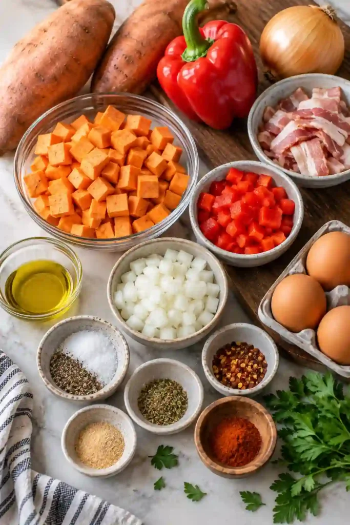 Close-up of Sweet Potato Breakfast Hash with eggs, caramelized sweet potato cubes, wilted kale, peppers, and turkey ham. Fresh green onions add color to this hearty breakfast skillet.