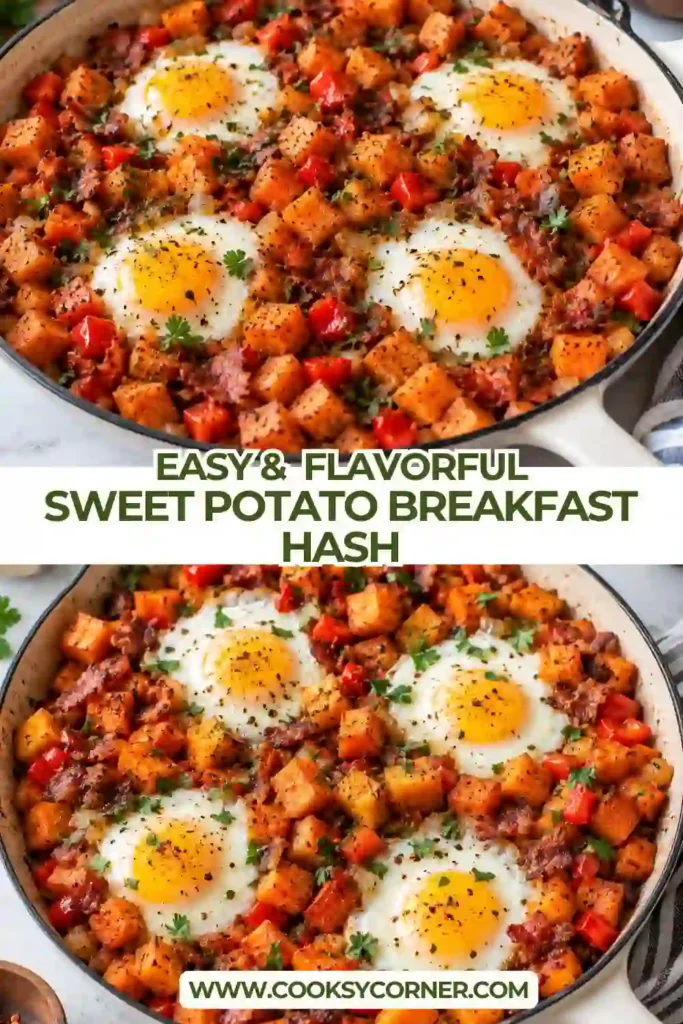 Homemade sweet potato hash with eggs nestled between seasoned sweet potatoes, kale, bell peppers, and savory turkey ham. The easy breakfast skillet is topped with fresh green onions.