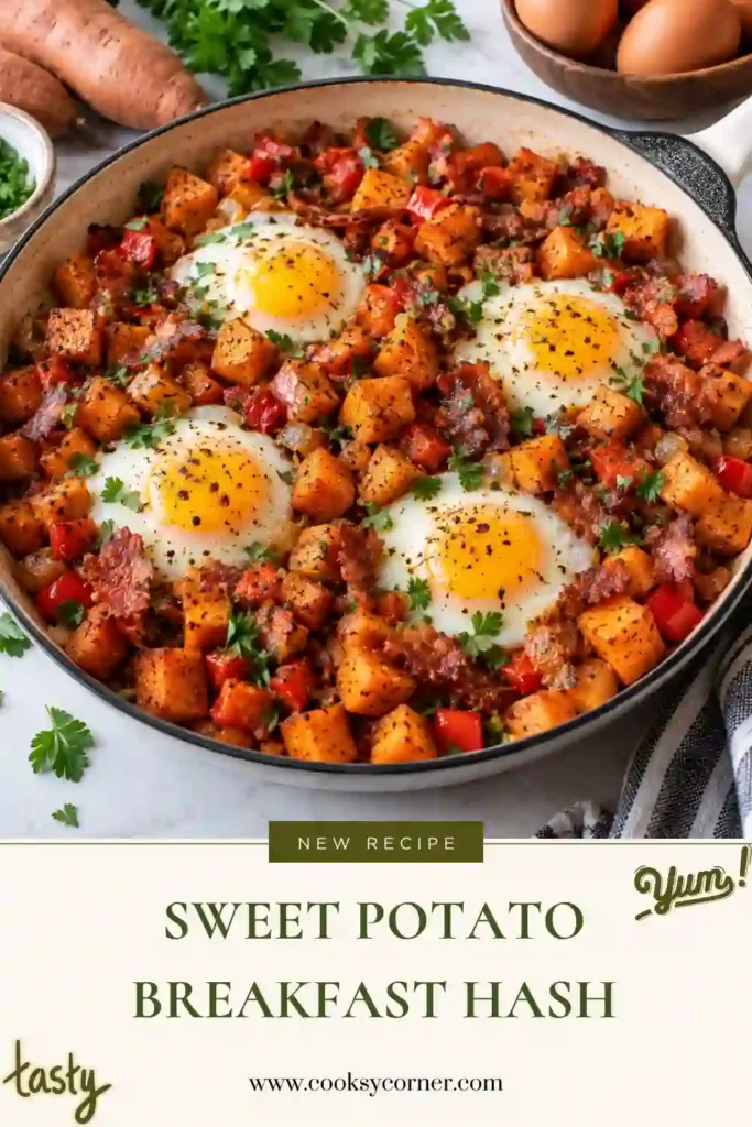Sweet Potato Breakfast Hash with tender sweet potato cubes, eggs, kale, red bell pepper, and turkey ham cooked in a skillet. A colorful one-pan breakfast finished with sliced green onion.