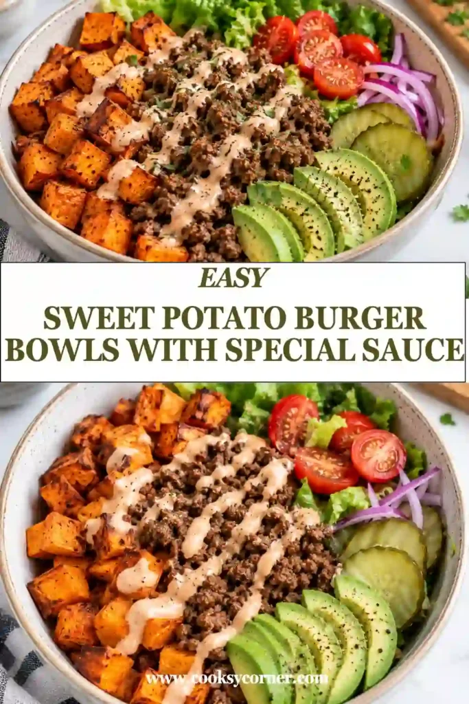 Ground beef burger bowl with caramelized roasted sweet potatoes, crisp lettuce, tomatoes, sliced red onion, cheddar, and creamy burger sauce. The colorful ingredients are arranged in sections inside a serving bowl.