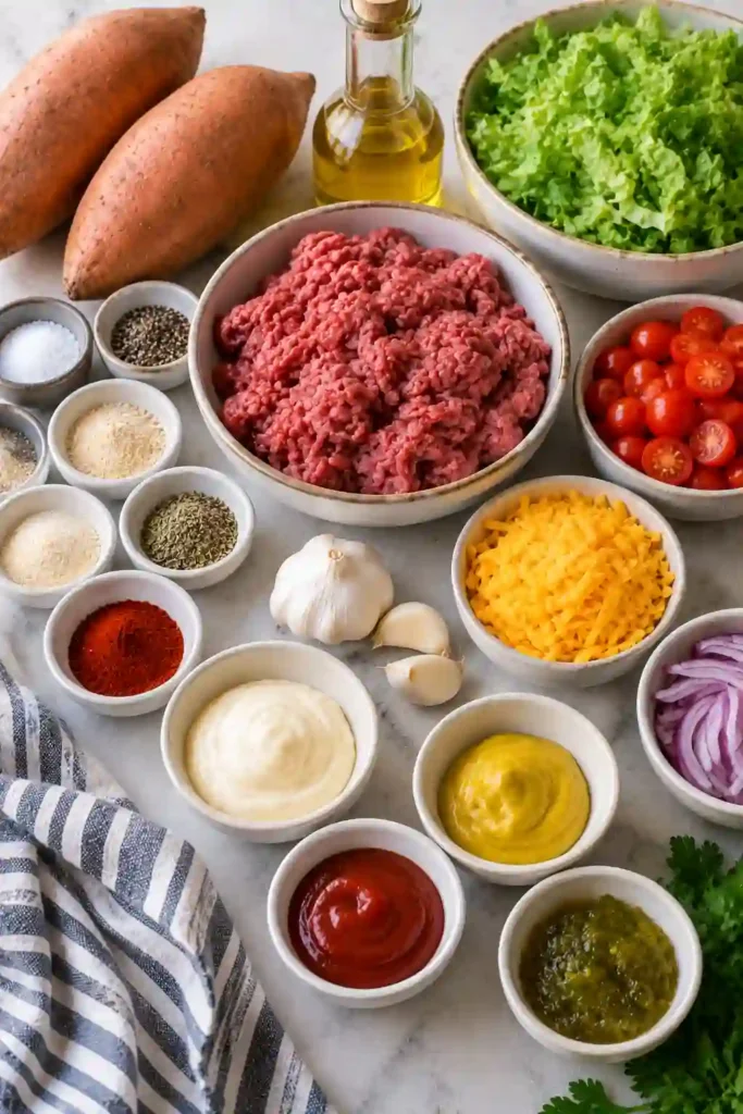 Sweet potato beef bowl with browned ground beef, roasted sweet potatoes, crisp vegetables, cheddar cheese, and homemade special sauce. The bowl combines colorful fresh toppings with warm burger-inspired ingredients.