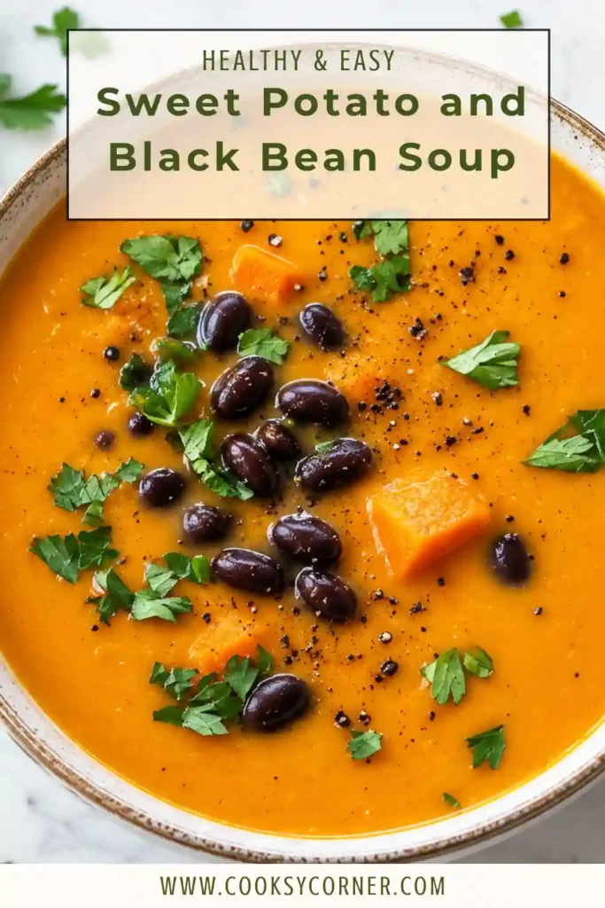 Smoky roasted sweet potato soup with black beans served in a ceramic bowl. The thick orange soup is finished with sweet potato cubes, black beans, and fresh green herbs.
