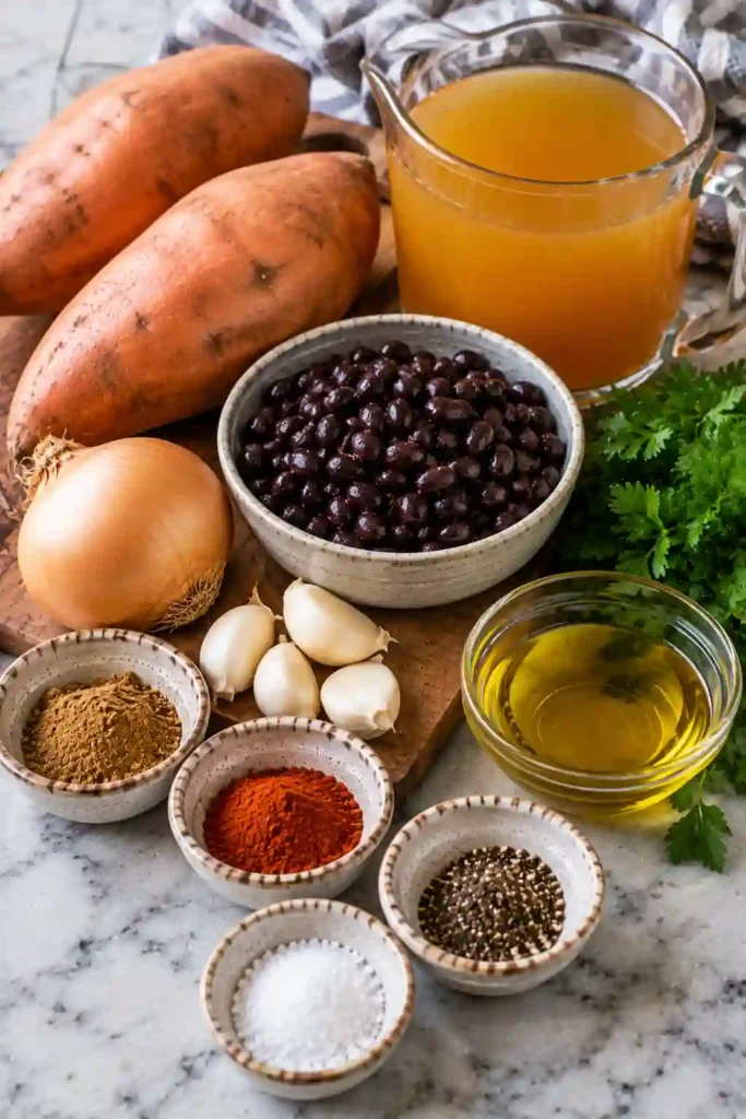 Vegan sweet potato soup blended until creamy and topped with hearty black beans and roasted sweet potatoes. Smoked paprika and cumin give the soup a warm Southwestern-inspired flavor.