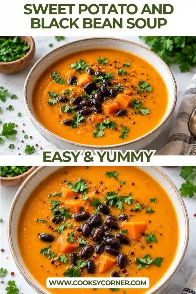 2. Creamy sweet potato black bean soup made with roasted sweet potatoes, cumin, garlic, and smoked paprika. Black beans and fresh herbs garnish the warm orange soup.