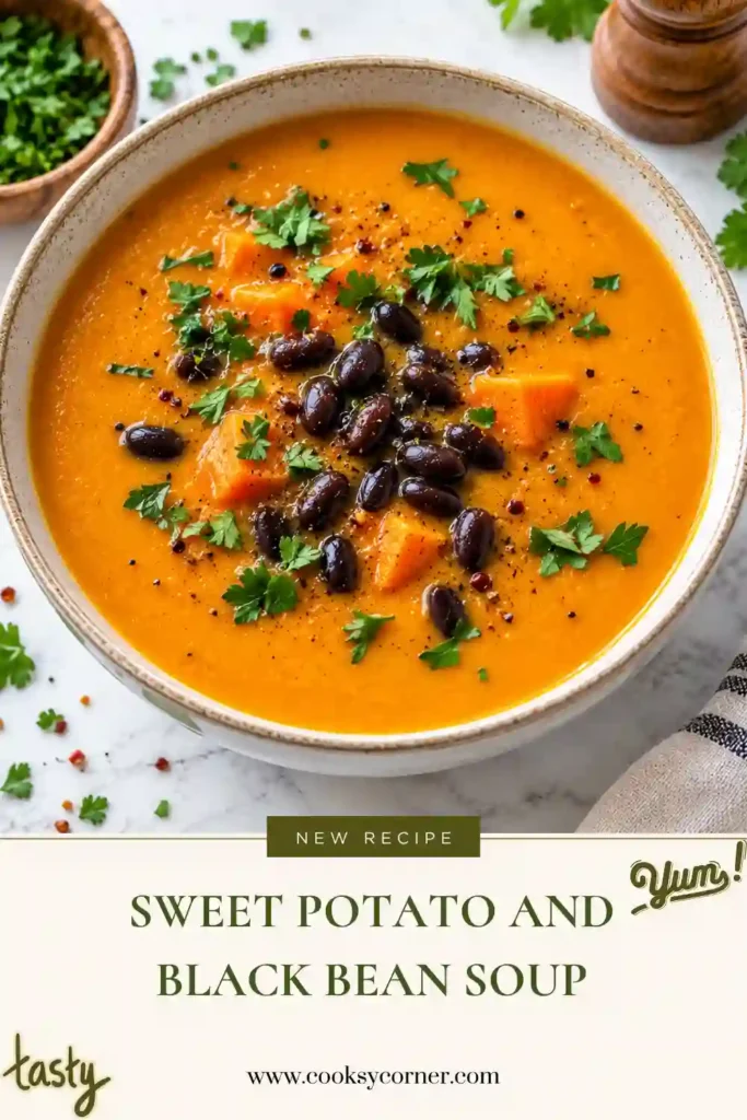 1. Sweet Potato and Black Bean Soup served in a rustic bowl with roasted sweet potato pieces and tender black beans. Fresh herbs and a drizzle of olive oil add a colorful finishing touch.
