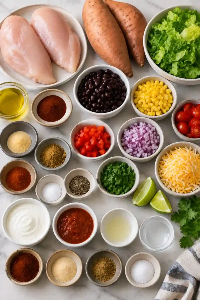 Colorful Tex-Mex Chicken Sweet Potato Bowl topped with juicy chicken breast, roasted sweet potatoes, beans, corn, fresh vegetables, cheese, and cilantro. A creamy lime yogurt sauce is served over the bowl.