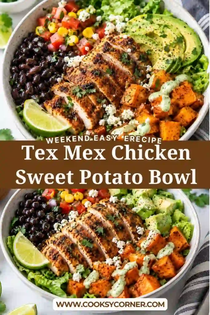 Healthy chicken bowl filled with sliced Tex-Mex chicken, caramelized sweet potatoes, black beans, corn, tomatoes, lettuce, cheese, and cilantro. A creamy salsa and Greek yogurt sauce is drizzled over the top.