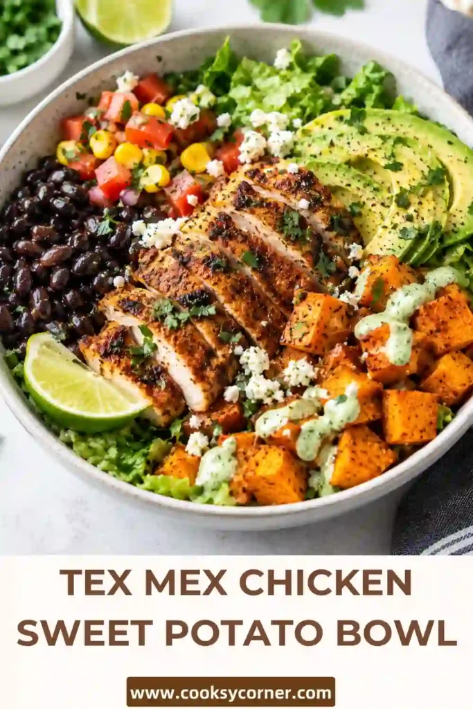 Tex-Mex Chicken Sweet Potato Bowl with seasoned chicken, roasted sweet potatoes, black beans, corn, romaine, cherry tomatoes, and red bell pepper. Creamy Tex-Mex yogurt sauce and fresh cilantro finish the colorful bowl.