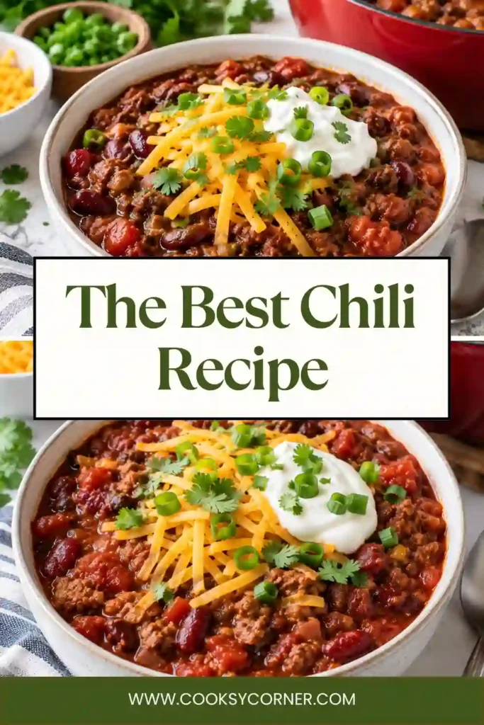 Easy chili recipe with seasoned ground beef, tender beans, tomatoes, and vegetables simmered into a rich, thick sauce. The finished chili is served hot with fresh toppings.