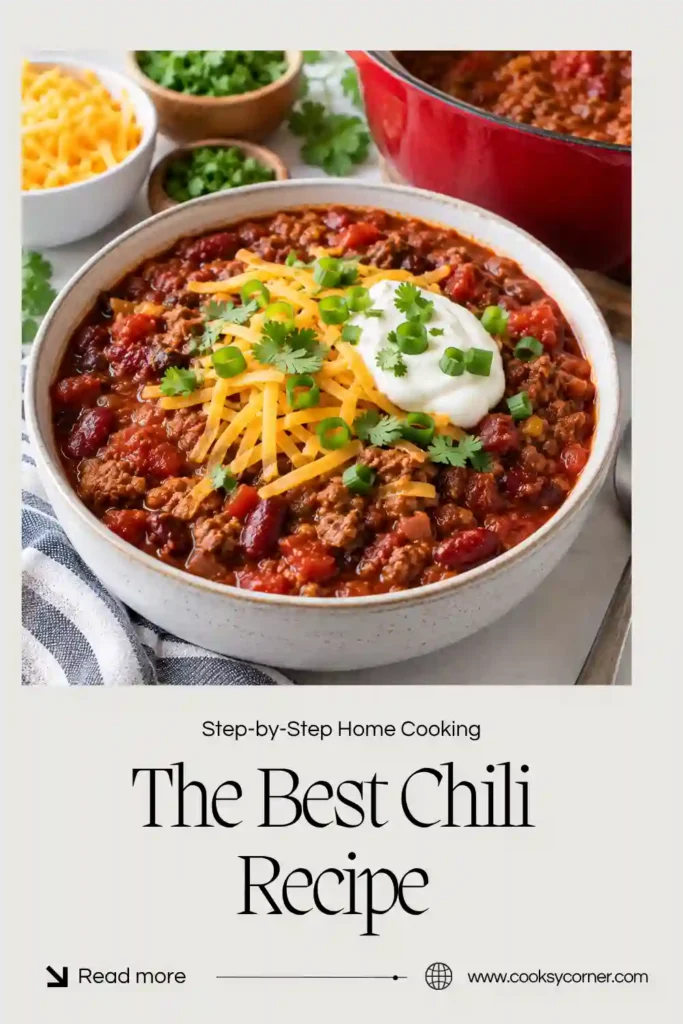 A warm bowl of homemade chili made with ground beef, kidney beans, tomatoes, bell pepper, and chili spices. The thick beef chili is finished with fresh green onions and cheddar cheese.