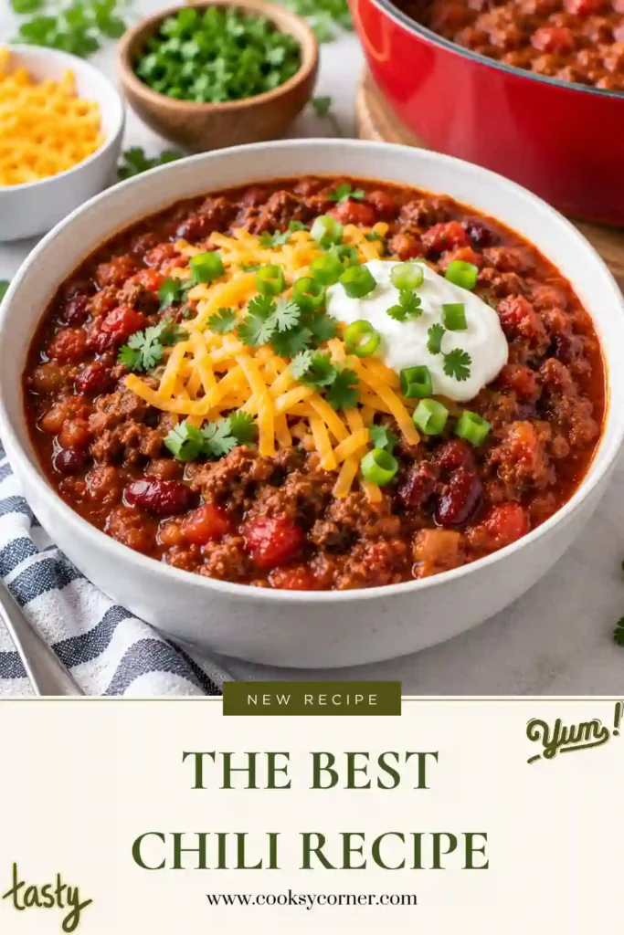 The Best Chili Recipe served in a bowl with hearty ground beef, kidney beans, tomatoes, and a thick red sauce. A comforting homemade beef chili topped with shredded cheese and green onions.