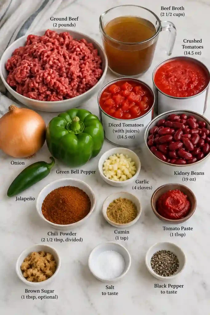 Classic beef chili with beans in a rustic bowl, featuring a thick tomato base, ground beef, kidney beans, and warming spices. A hearty one-pot chili recipe for a cozy dinner.