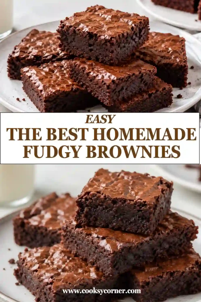Homemade fudgy brownies stacked on a plate with visible dense, chocolatey centers. These brownies from scratch are made with cocoa powder and simple pantry ingredients.