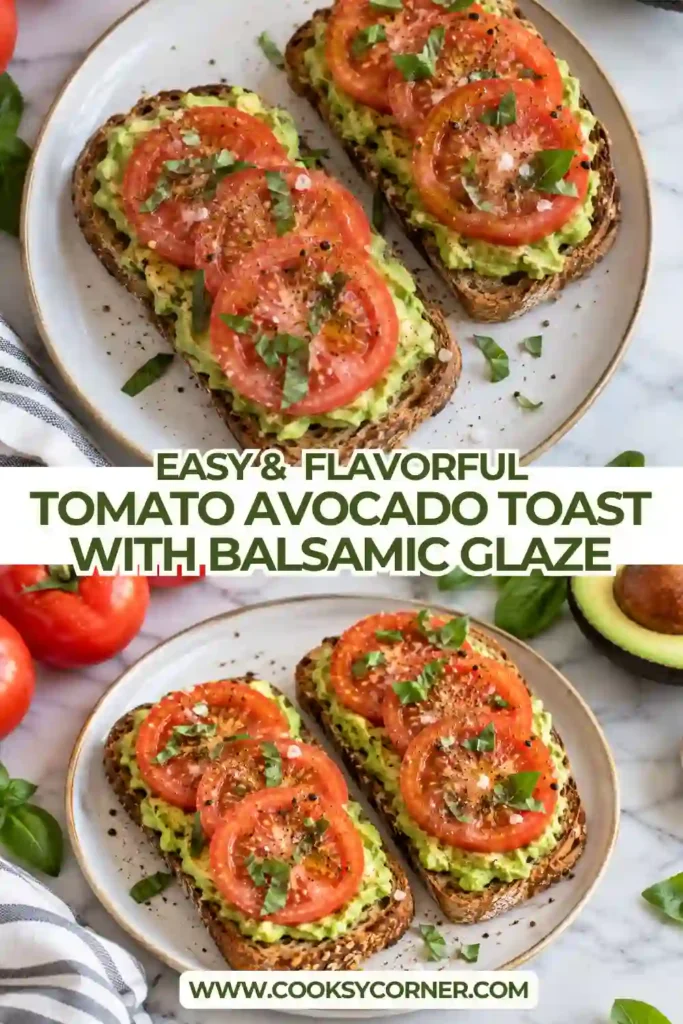 Close-up of tomato avocado toast showing juicy tomato slices over mashed avocado. Thin shallots, cracked black pepper, and balsamic glaze add color and texture.