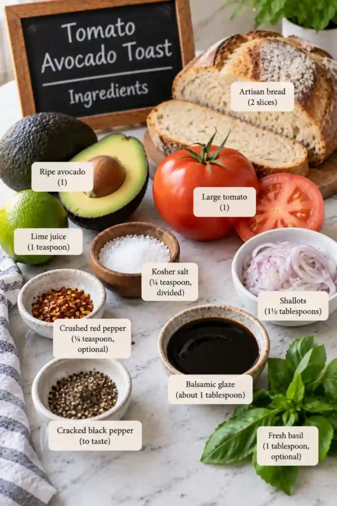 Tomato basil avocado toast topped with fresh basil strips, cracked black pepper, and balsamic glaze. Bright red tomato slices sit over green mashed avocado on toasted bread.