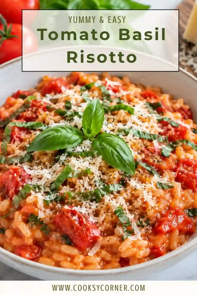 A bowl of creamy tomato risotto topped with fresh basil and Parmesan cheese. Juicy tomatoes and tender spinach add color and freshness to this comforting risotto recipe.