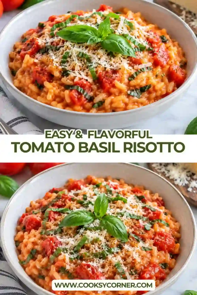 Homemade Tomato Basil Risotto made with creamy Arborio rice, chopped tomatoes, fresh basil, baby spinach, and Parmesan cheese. This easy Italian risotto has a soft, creamy texture and vibrant tomato flavor.
