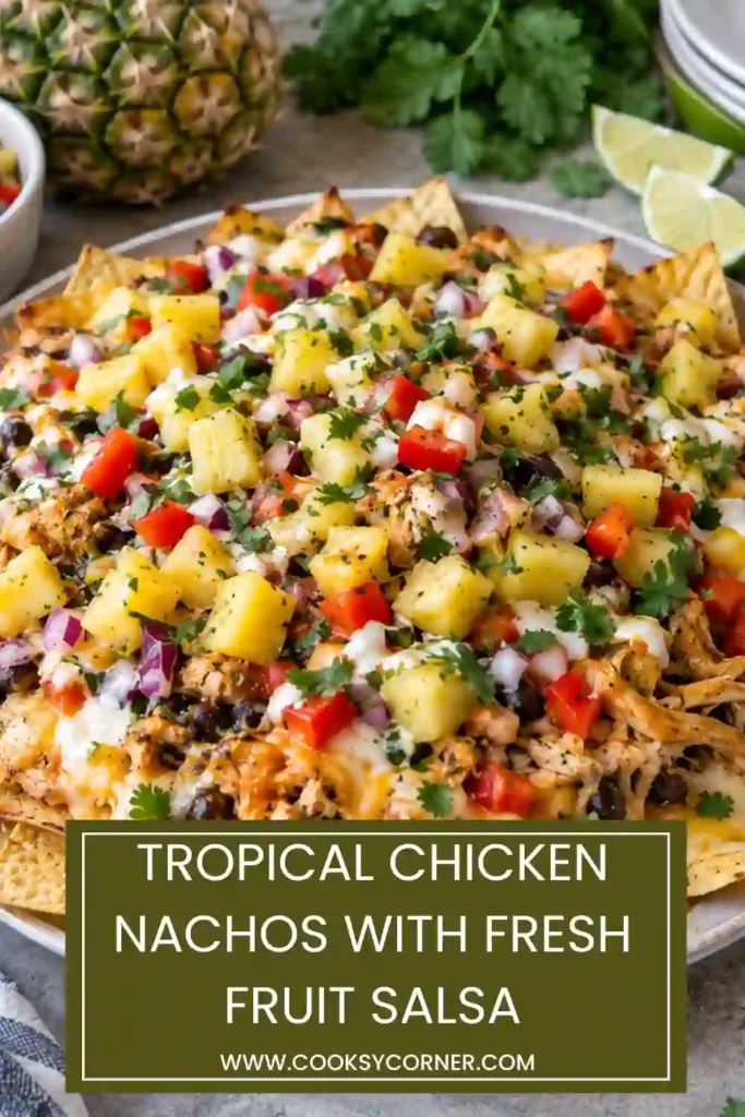 Cheesy Tropical Chicken Nachos served with colorful pineapple mango salsa in a fresh pineapple bowl. Crispy chips, seasoned chicken, melted cheese, cilantro, and jalapeño create a vibrant party-style dish.