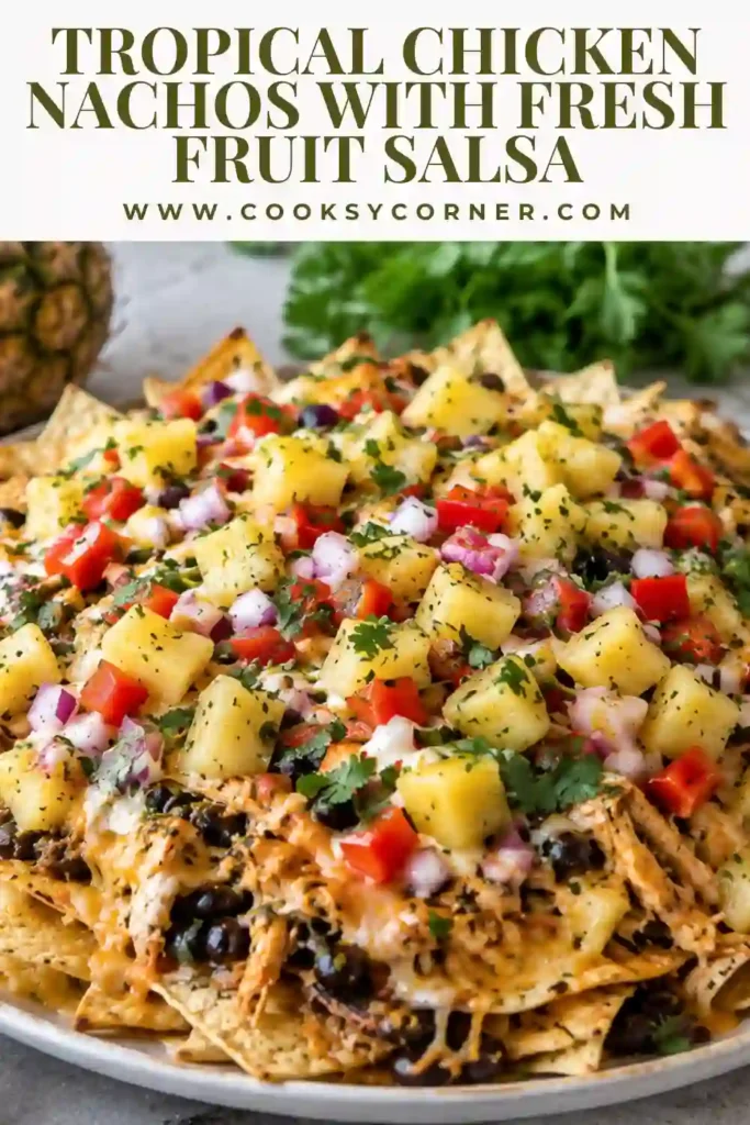 Sheet pan Tropical Chicken Nachos with golden tortilla chips, shredded chicken, gooey melted cheese, jalapeño slices, and cilantro. Fresh tropical fruit salsa adds pineapple, mango, kiwi, strawberries, and watermelon.