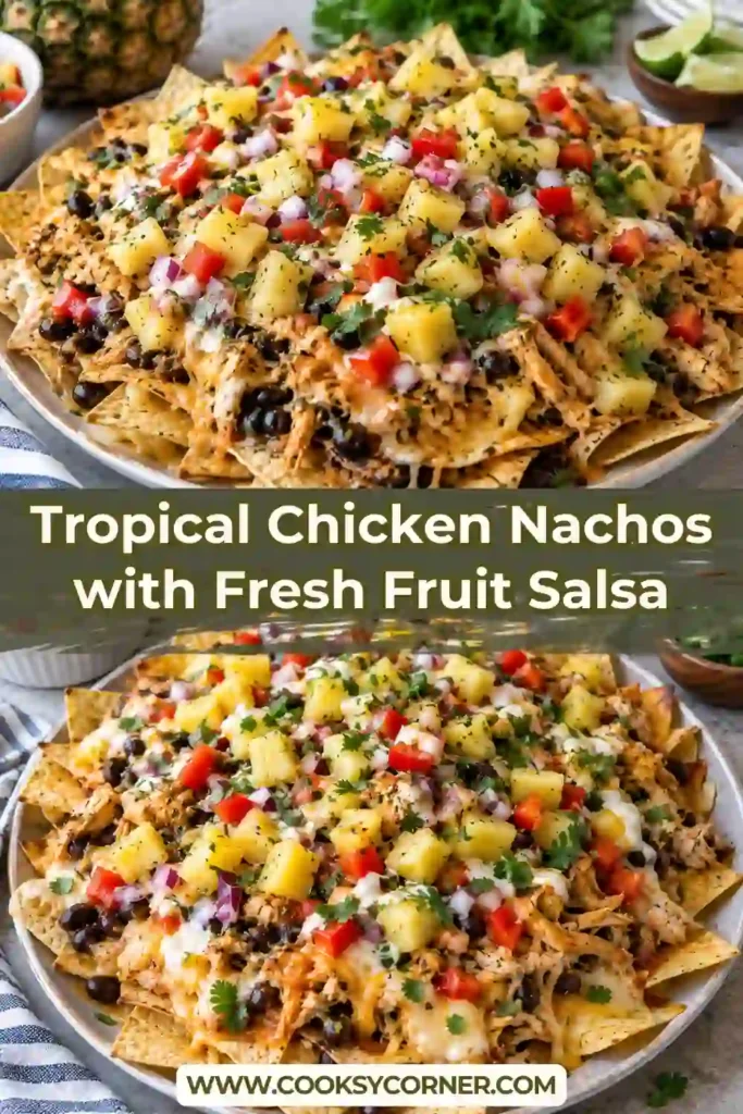 Tropical Chicken Nachos topped with juicy seasoned chicken, melted Monterey Jack and cheddar cheese, fresh cilantro, and jalapeño. Colorful pineapple mango salsa is served alongside the crispy nachos.