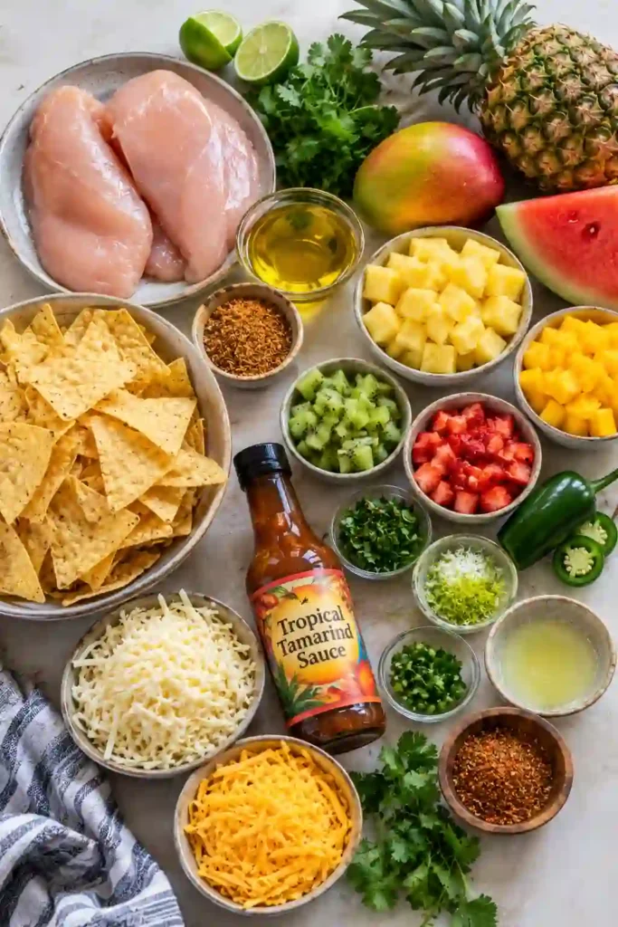 Fresh Tropical Chicken Nachos featuring crunchy corn tortilla chips, grilled chicken, melted cheese, and jalapeño. A bright fruit salsa with pineapple, mango, strawberries, kiwi, watermelon, and lime is served alongside.