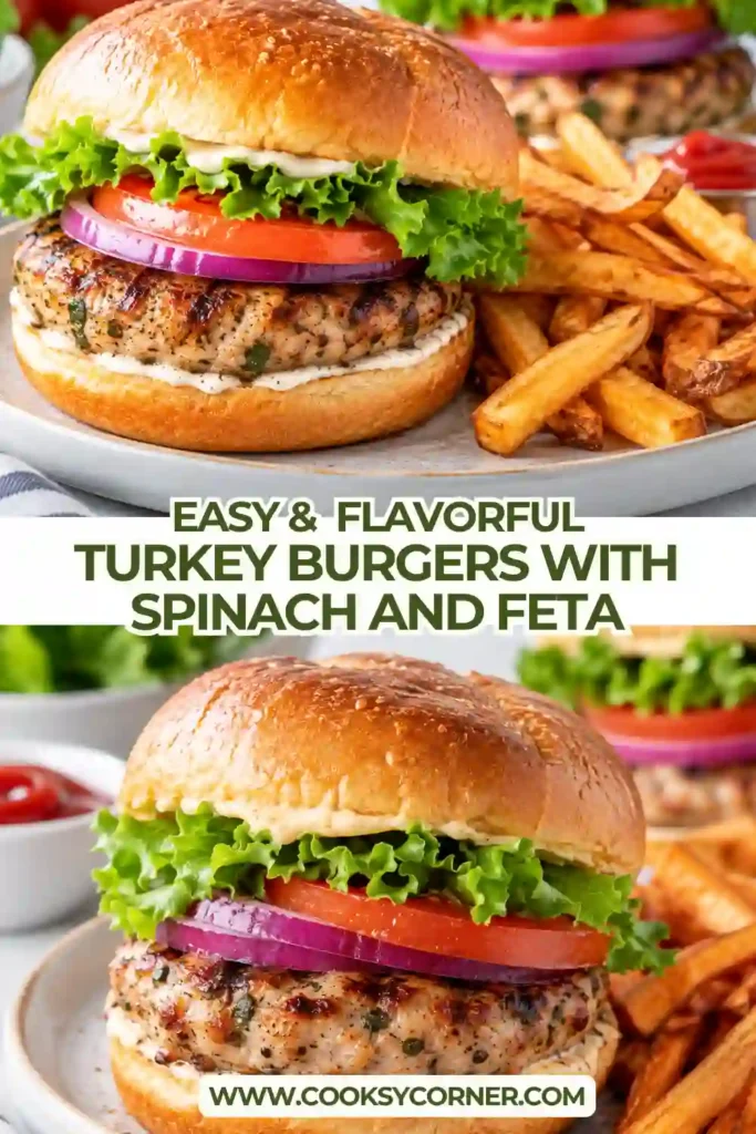 2. Grilled spinach feta turkey burgers topped with cucumber, red onion, and creamy mayonnaise on toasted hamburger buns. The patties are golden brown, juicy, and packed with savory flavor.