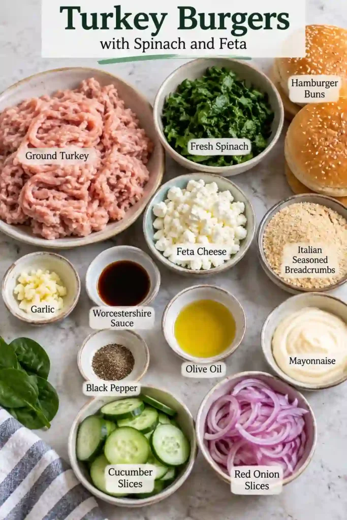 4. Juicy Mediterranean turkey burgers with spinach and feta served warm on toasted buns. Fresh cucumber and red onion add color and crunch to this easy turkey burger recipe.