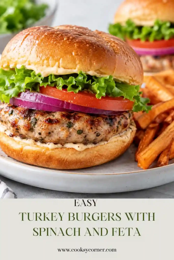 1. Turkey Burgers with spinach and feta served on toasted buns with cucumber and thinly sliced red onion. These juicy turkey burgers have a fresh Mediterranean-inspired presentation.