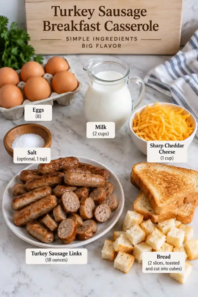 Homemade egg and sausage casserole featuring sliced turkey sausage, fluffy baked eggs, and melted sharp cheddar. This simple breakfast bake has a warm golden finish.