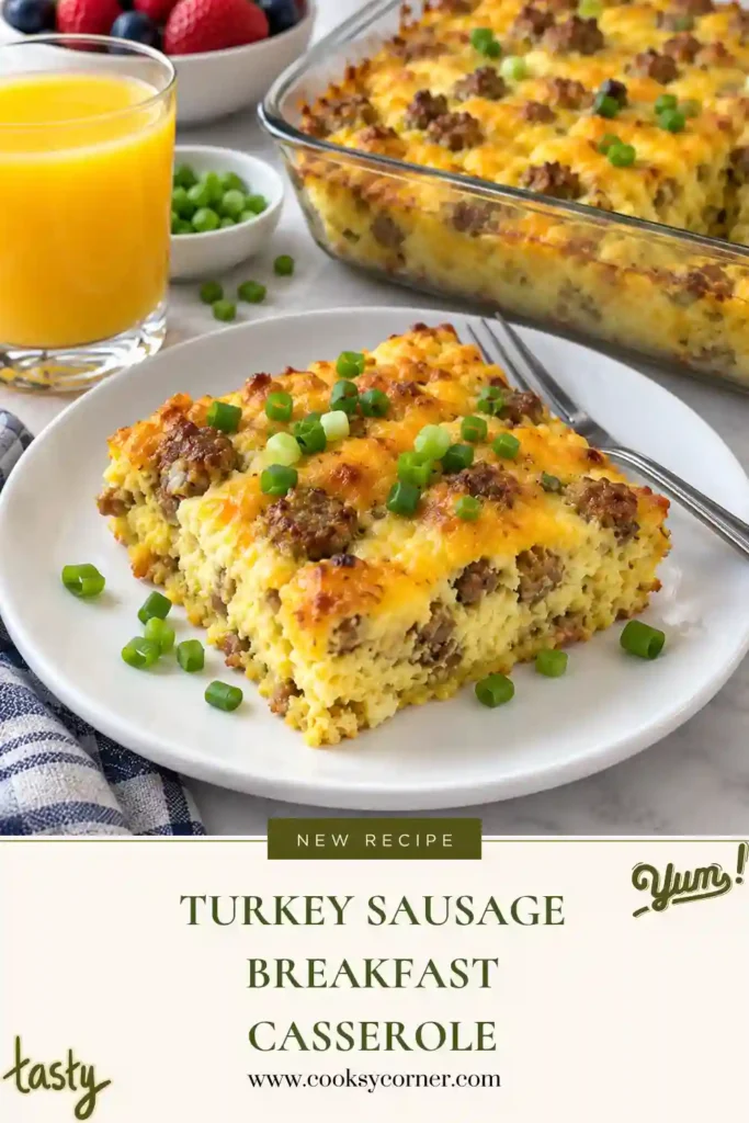 Turkey Sausage Breakfast Casserole baked until golden with fluffy eggs, cheddar cheese, and sliced turkey sausage. This easy breakfast casserole is served warm in a baking dish.