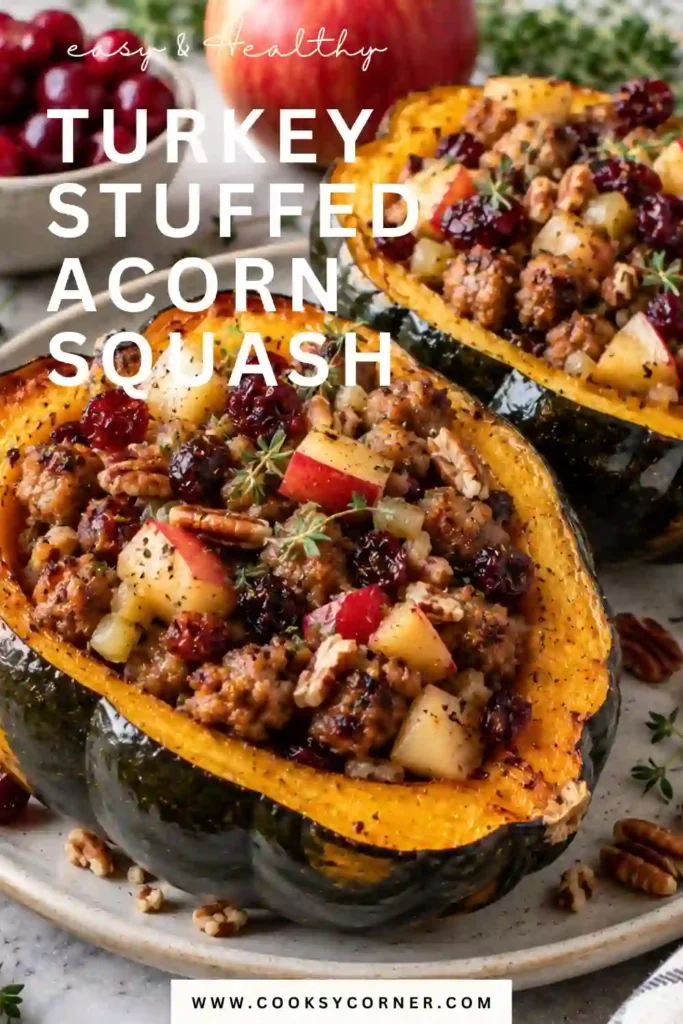 Ground turkey stuffed squash with golden roasted acorn squash, sweet apple, dried cranberries, and savory herbs. The hearty filling is nestled inside tender squash halves for a cozy fall dinner.