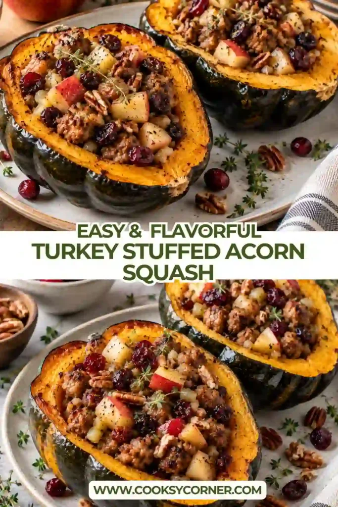 Roasted acorn squash halves generously filled with seasoned ground turkey, apples, cranberries, and Parmesan. The colorful turkey stuffed squash is served warm with fresh thyme.