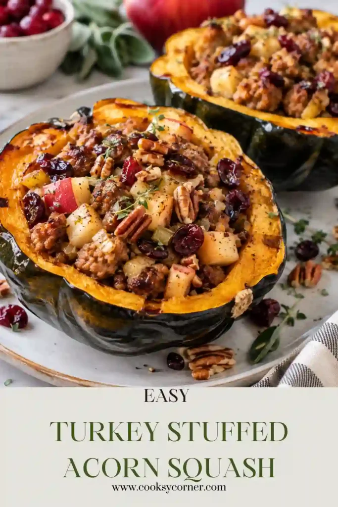 Turkey Stuffed Acorn Squash filled with ground turkey, diced apple, dried cranberries, celery, and herbs. The roasted squash has tender golden flesh surrounding a savory fall-inspired filling.