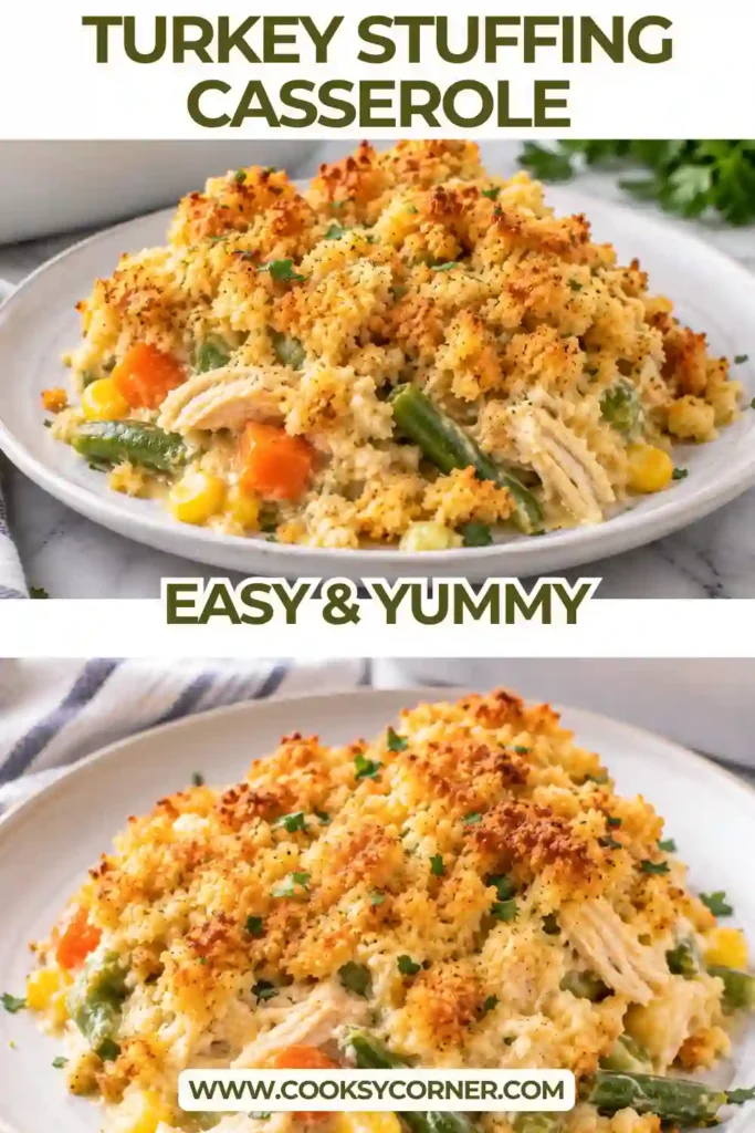 Homemade Turkey Stuffing Casserole with golden stuffing layered over tender turkey and mixed vegetables. The creamy turkey and stuffing casserole makes an easy meal using holiday leftovers.