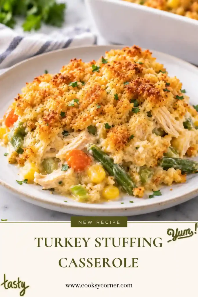 Turkey Stuffing Casserole baked with a savory stuffing topping and creamy leftover turkey and vegetable filling. This easy turkey casserole is served warm as a comforting family dinner.