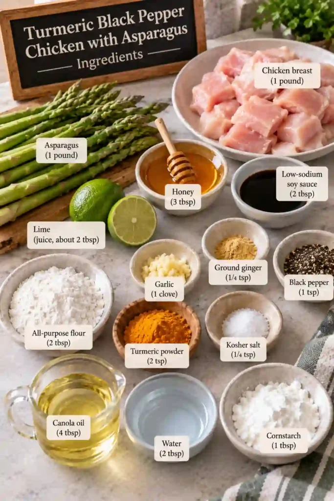 Turmeric Black Pepper Chicken with Asparagus served in a skillet with golden chicken pieces and bright green asparagus. The chicken and vegetables are coated in a glossy honey-lime sauce with black pepper and turmeric.