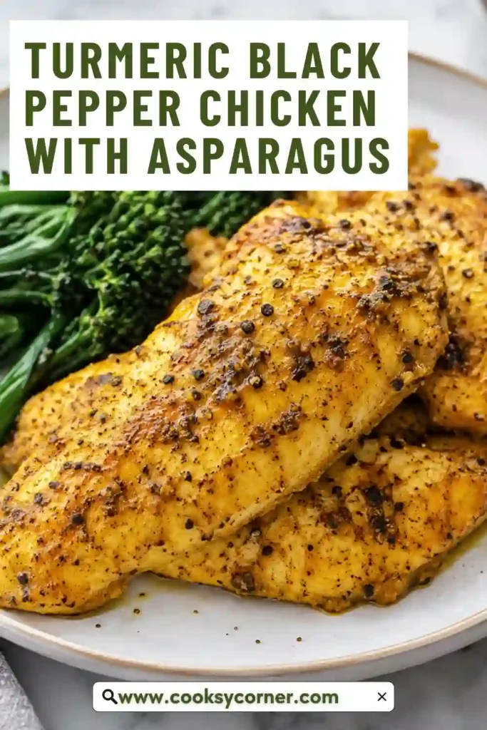 Close-up of honey turmeric chicken with golden seasoned chicken cubes and crisp-tender asparagus. The glossy sauce coats the chicken with a blend of honey, lime, soy sauce, and freshly cracked black pepper.