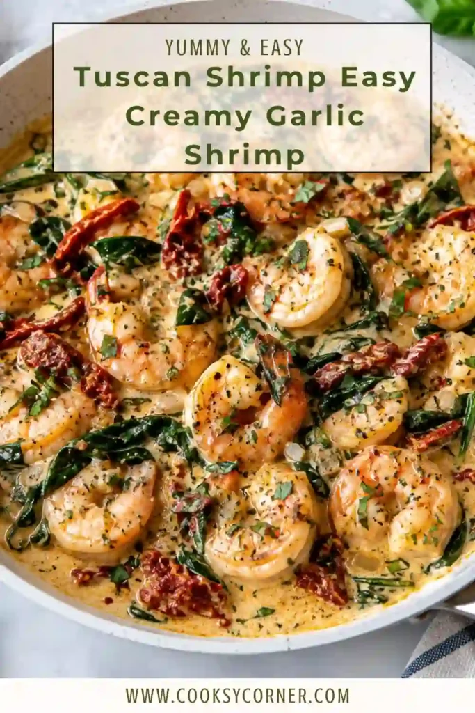 Tuscan shrimp with spinach simmered in a creamy Parmesan garlic sauce with chopped sun-dried tomatoes. Fresh basil adds a bright finishing touch to the creamy shrimp skillet.